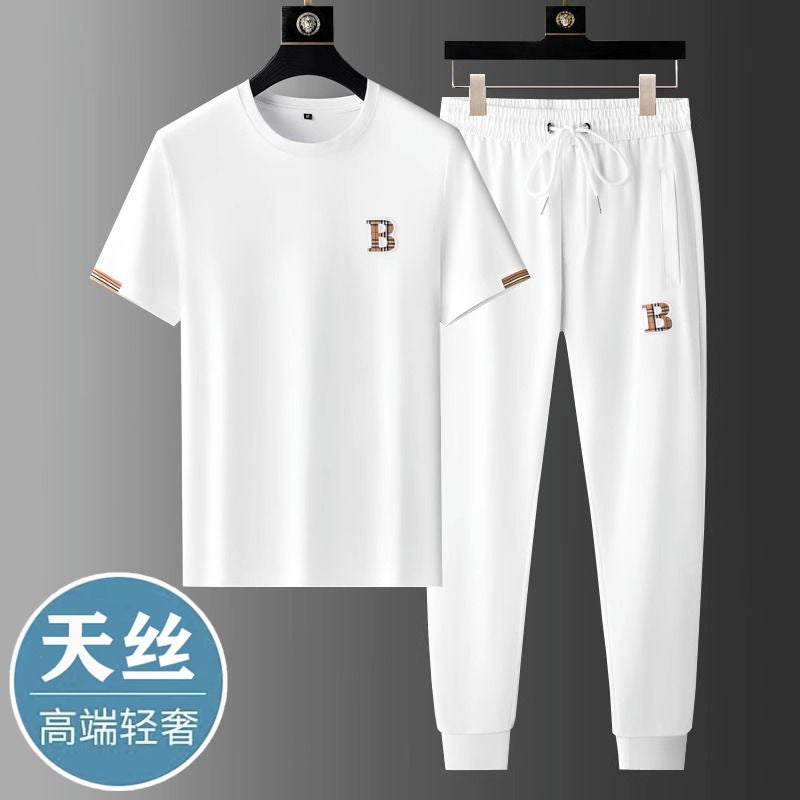 Summer Business Ice Silk Casual Suit Men'S European Station Light Luxury High-End Short-Sleeved Trousers Stitching Sports Suit Men - Image 1